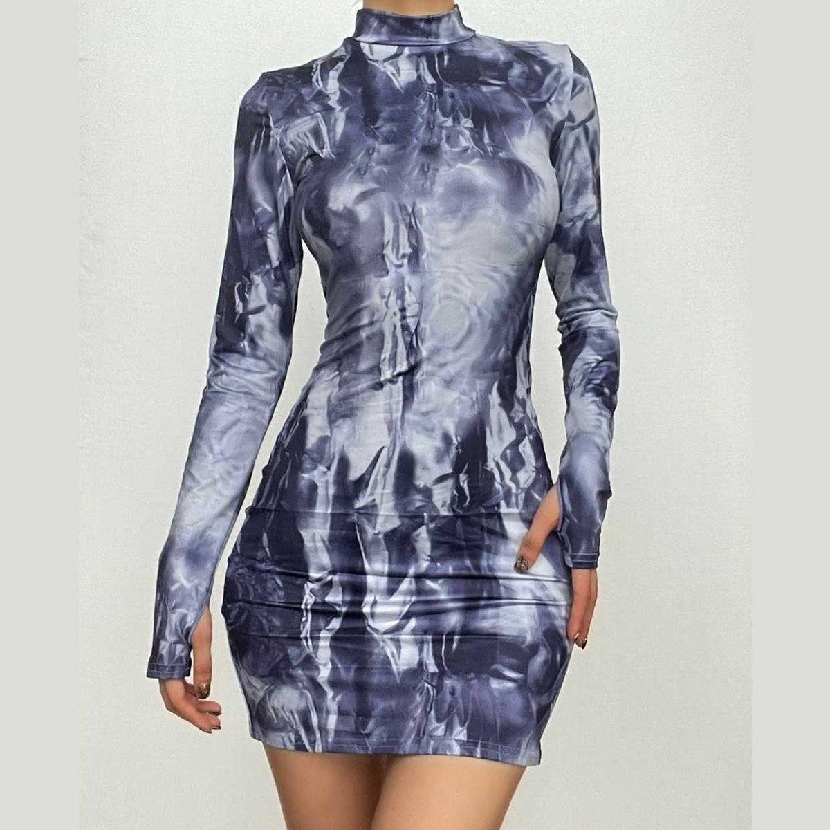 Tie Dye Print Mock Neck Thumbhole Long Sleeve Bodycon Mini Dress