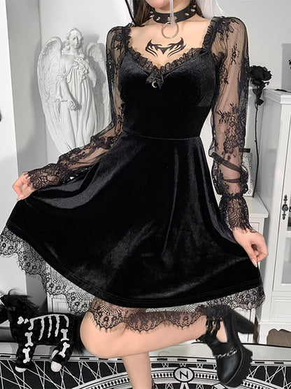 Moon Black Grunge Dark V Neck Aesthetic Vintage Mini Long Sleeve Autumn Dress