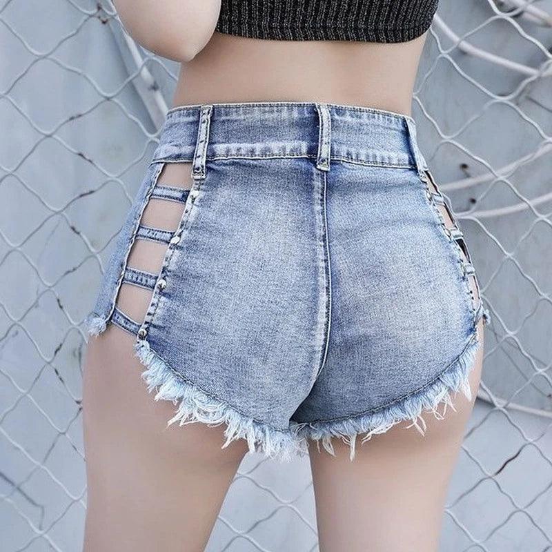 Hollow Out Frayed Mini Jean Shorts for Women Clubwear