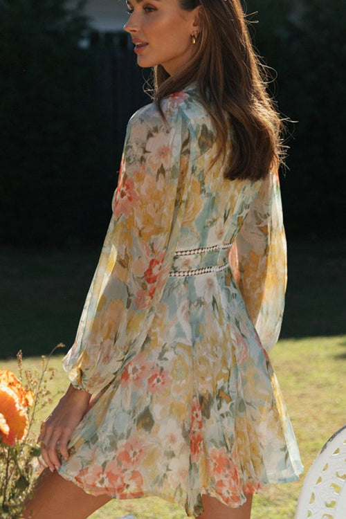 V Neck Lace Trim Balloon Sleeve Floral Print Mini Dress