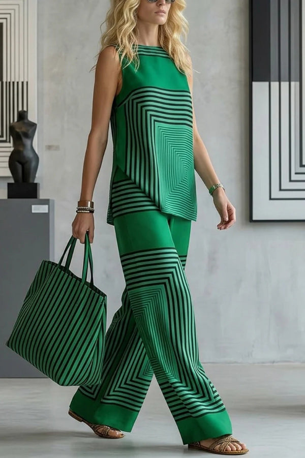 Geometric Print Loose-fitting Round Neck Sleeveless Top and Elastic Waist Casual Pocket Wide-leg Pants Set