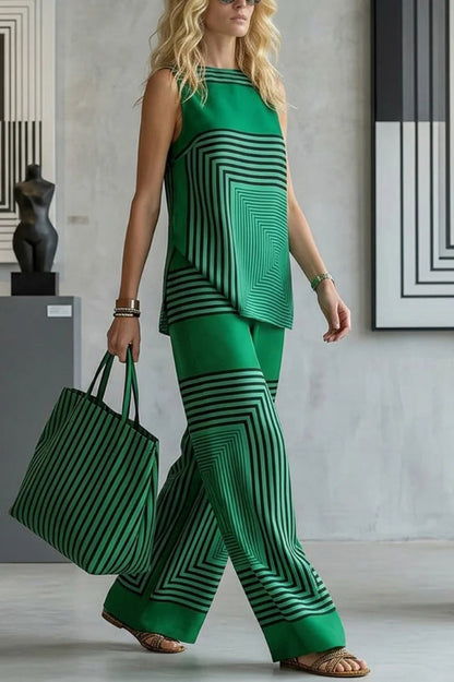 Geometric Print Loose-fitting Round Neck Sleeveless Top and Elastic Waist Casual Pocket Wide-leg Pants Set