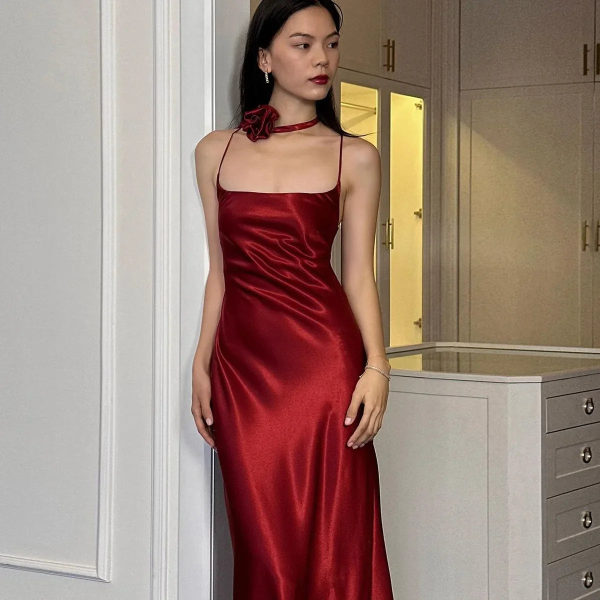 Backless Floral Strap Long Dress Women's Summer Fashion Solid Color Slim Strap One-Neck Evening Dress Elegant Long Dress
