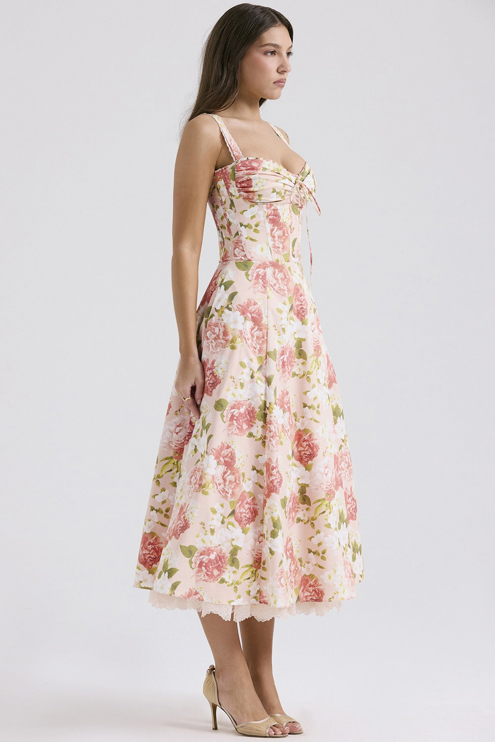 Corset Bodice Lace-Up Sweetheart Floral Print Sleeveless Midi Dress