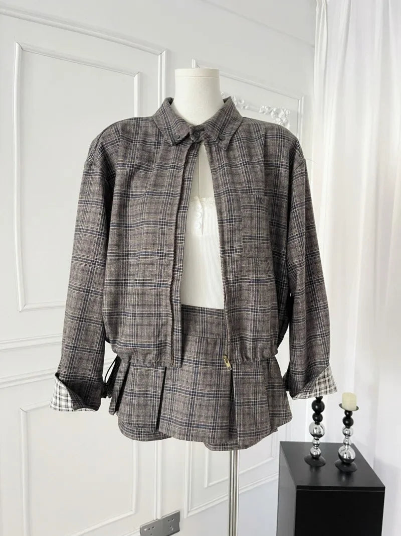 Sweet Hot Girl College Style Suit Women's Autumn Plaid Loose Zipper Jacket High Waist A-line Skirt Two-piece Set Female Clothes
