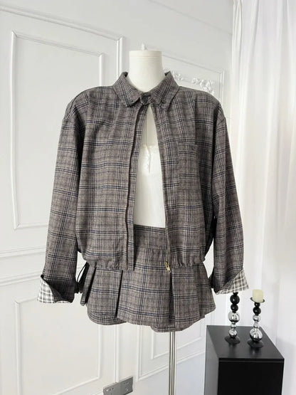 Sweet Hot Girl College Style Suit Women's Autumn Plaid Loose Zipper Jacket High Waist A-line Skirt Two-piece Set Female Clothes