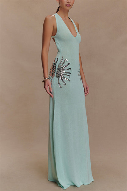 Sparkling Nights Knit Sunburst Sequin Detail Back Cross Straps Stretch Maxi Dress