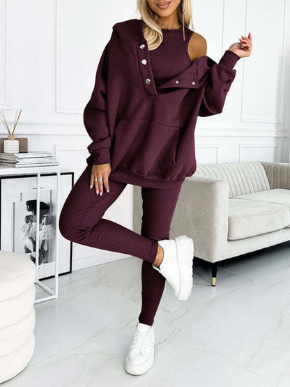 Sporty Casual Hoodie Sweatshirt, Ribbed Slim Fit Vest And Pants Three-piece Set