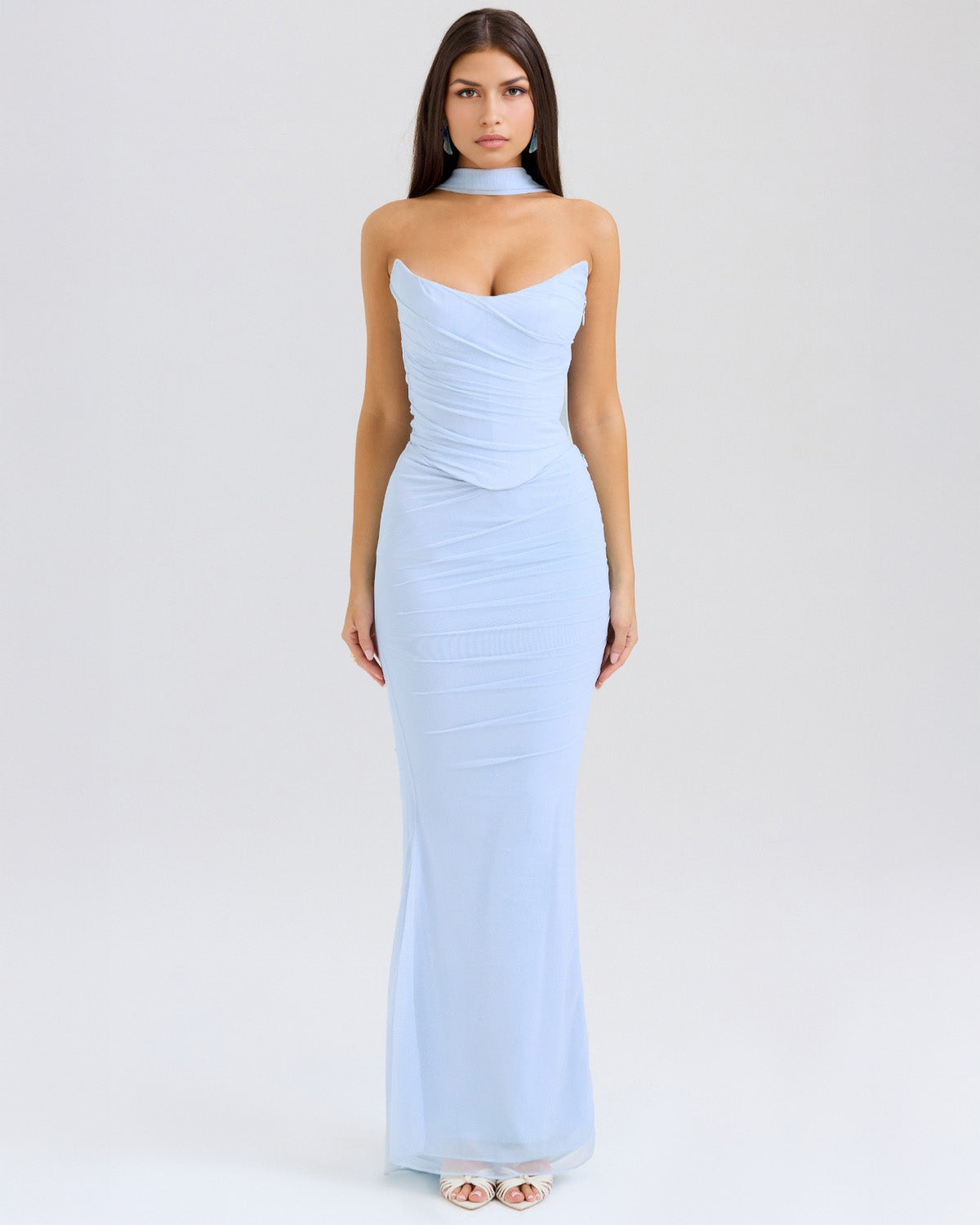 Strapless Corset Sweetheart Ruched Bodice Fabric Choker Bodycon Maxi Dress