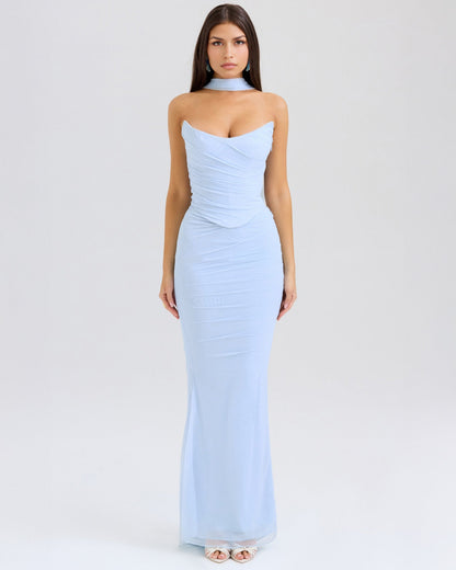 Strapless Corset Sweetheart Ruched Bodice Fabric Choker Bodycon Maxi Dress