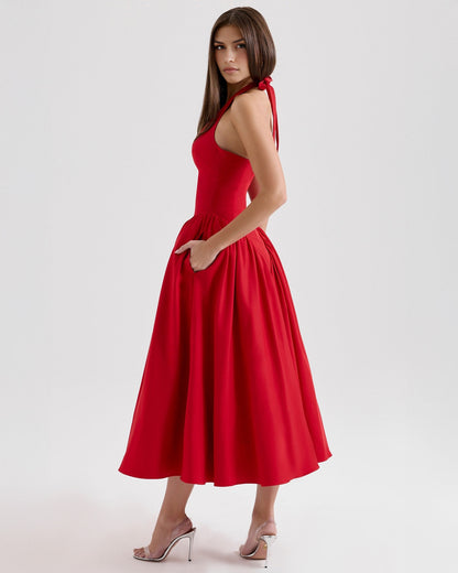 Halter Neck Plunging V Neck Dropped Waist Pleated Full Skirt Midi Dress