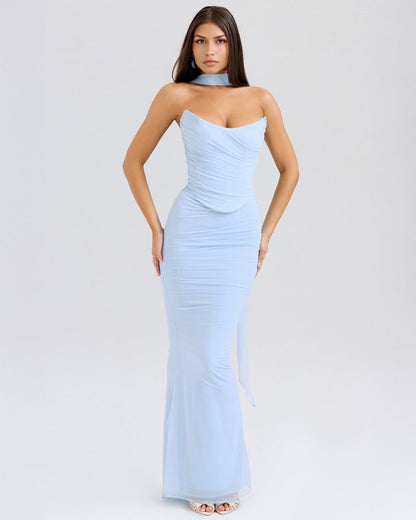 Strapless Corset Sweetheart Ruched Bodice Fabric Choker Bodycon Maxi Dress