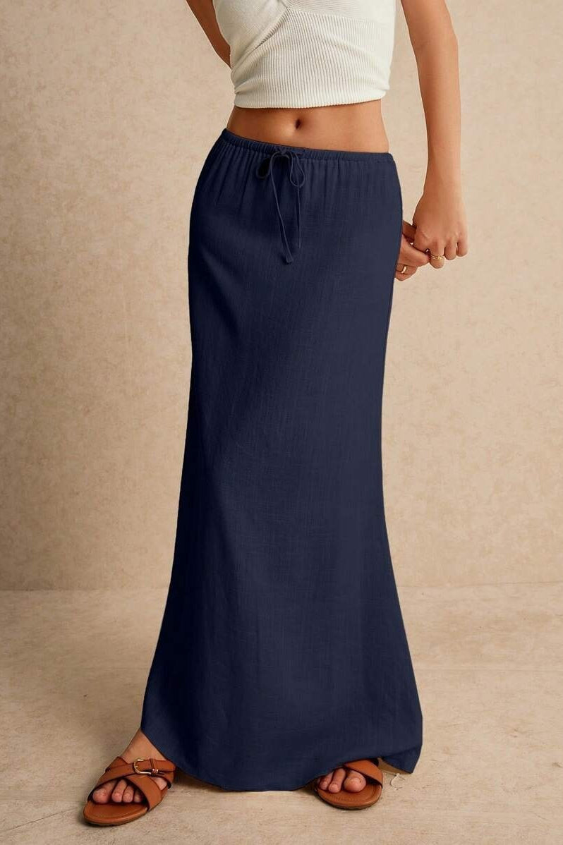 Solid Drawstring Maxi Skirt