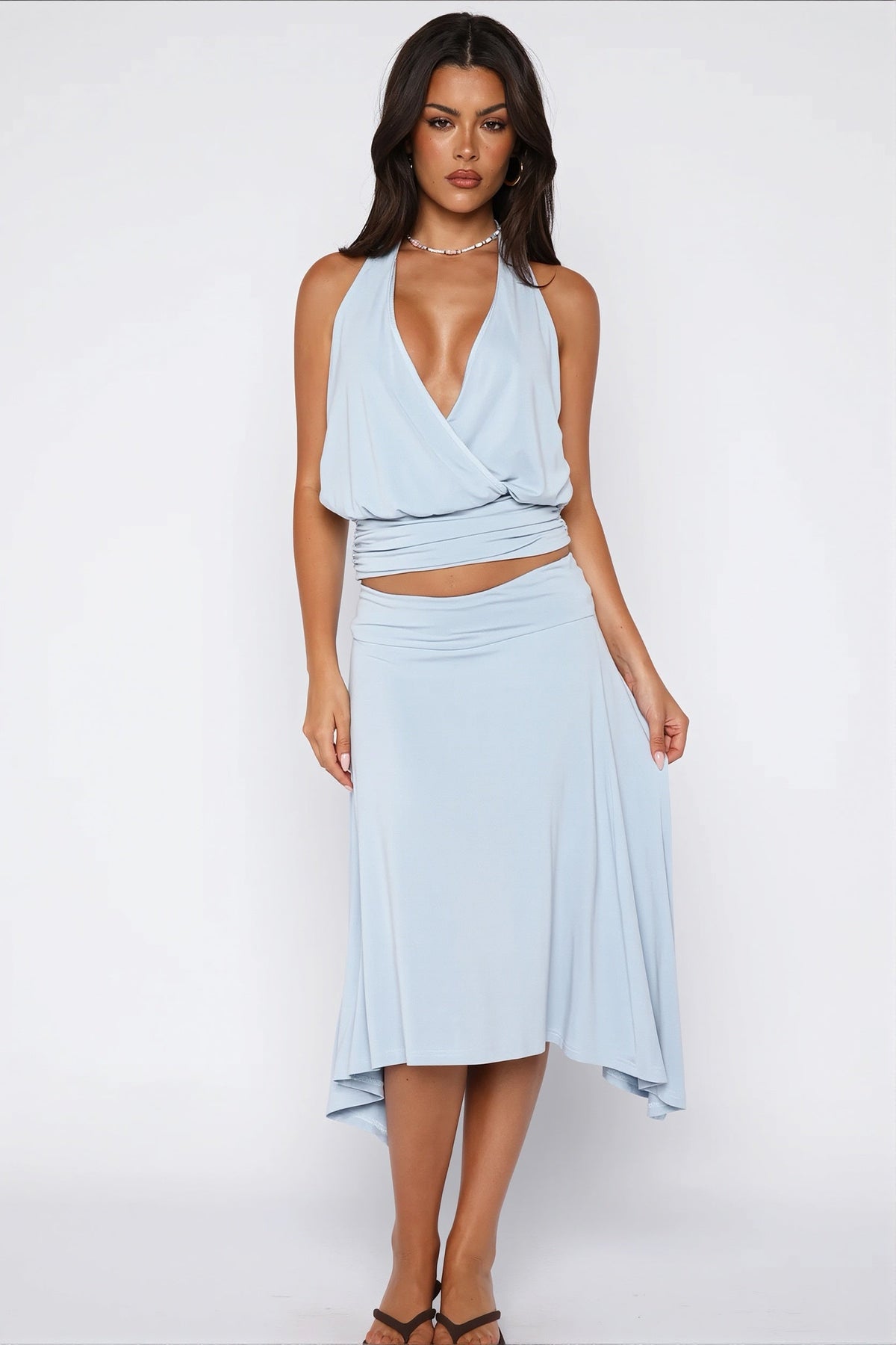 Solid Halter Asym Midi Skirt Set