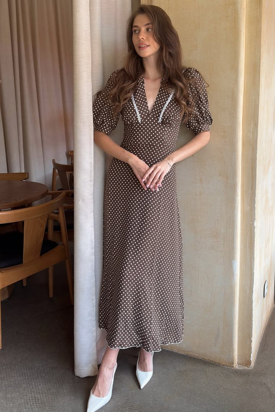 Brown Polka Dot V-Neck Puff Sleeve Bodycon Maxi Dress