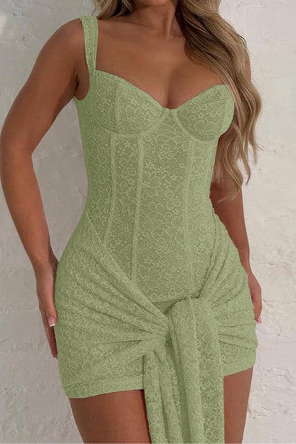 Floral Lace Bustier Corset Seam Front Knot Hip Tie Bodycon Mini Dress