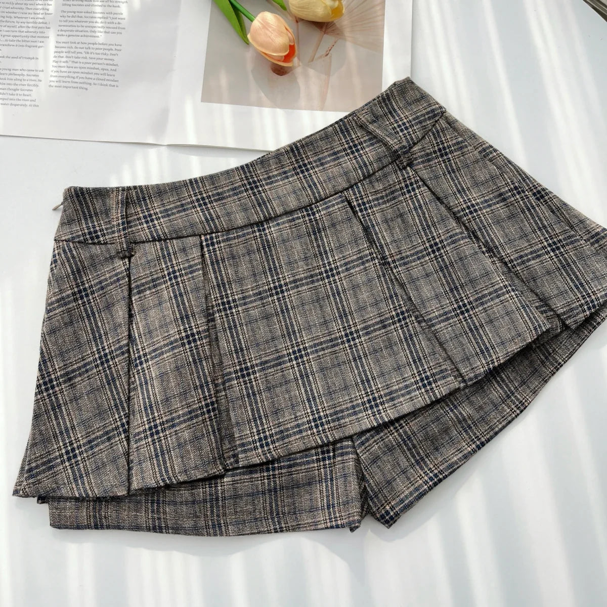 Sweet Hot Girl College Style Suit Women's Autumn Plaid Loose Zipper Jacket High Waist A-line Skirt Two-piece Set Female Clothes