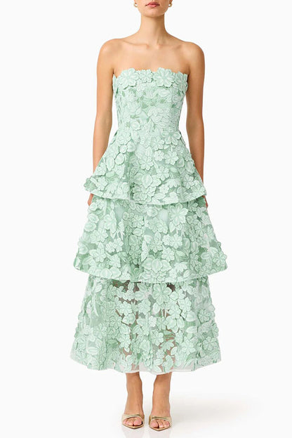 Cocktail Events 3D Embroidery Floral Detail Off Shoulder Tiered Hem Maxi Dress