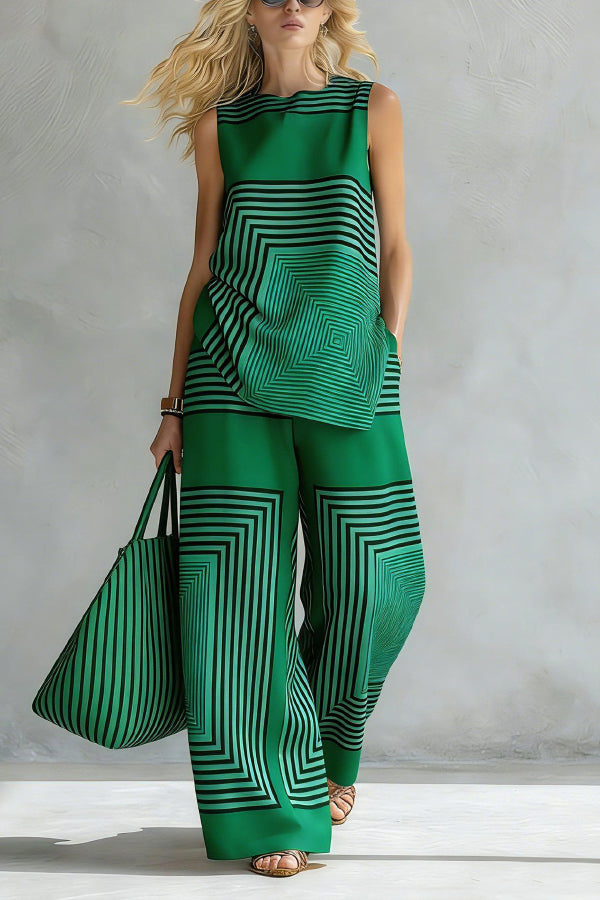 Geometric Print Loose-fitting Round Neck Sleeveless Top and Elastic Waist Casual Pocket Wide-leg Pants Set