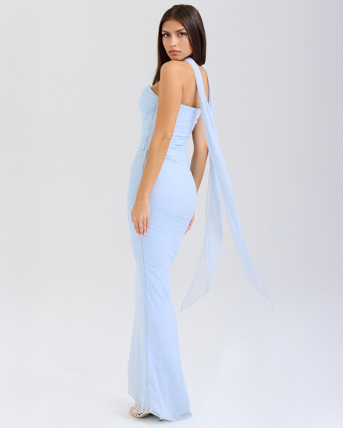 Strapless Corset Sweetheart Ruched Bodice Fabric Choker Bodycon Maxi Dress