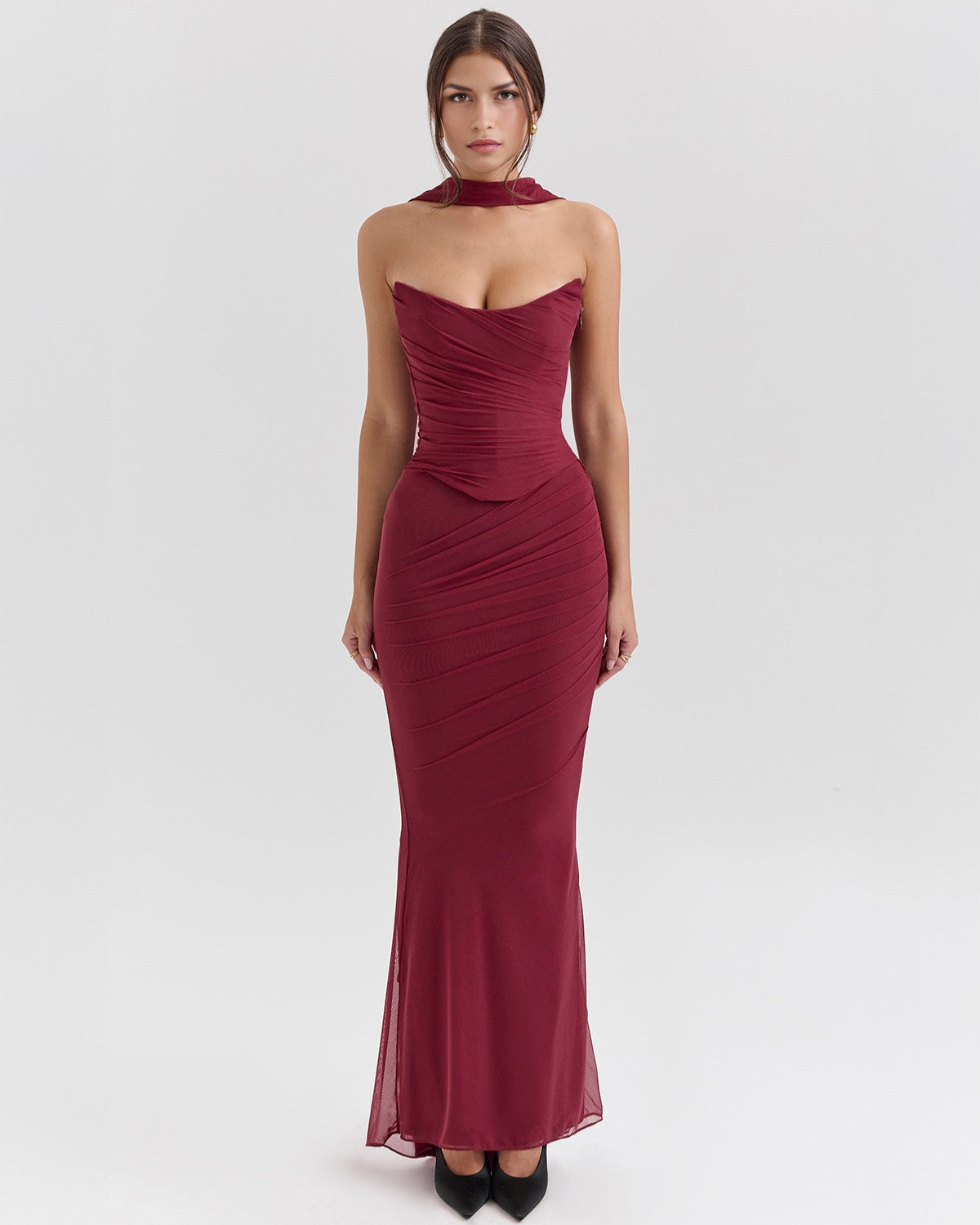 Strapless Corset Sweetheart Ruched Bodice Fabric Choker Bodycon Maxi Dress