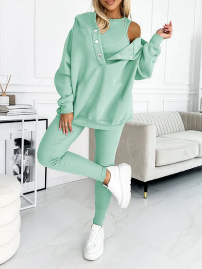 Sporty Casual Hoodie Sweatshirt, Ribbed Slim Fit Vest And Pants Three-piece Set