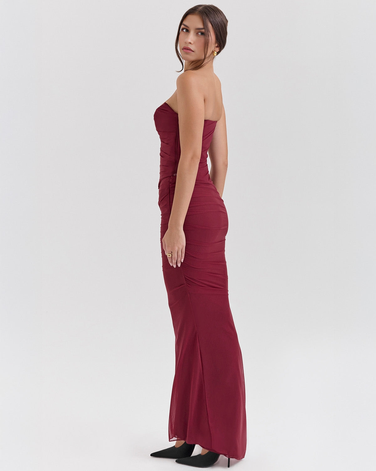 Strapless Corset Sweetheart Ruched Bodice Fabric Choker Bodycon Maxi Dress
