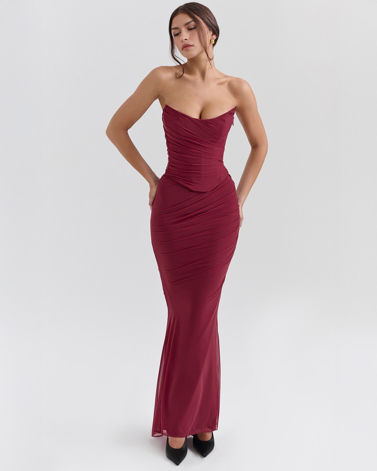 Strapless Corset Sweetheart Ruched Bodice Fabric Choker Bodycon Maxi Dress