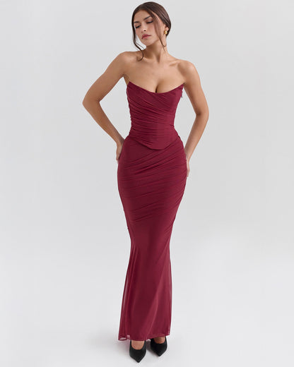 Strapless Corset Sweetheart Ruched Bodice Fabric Choker Bodycon Maxi Dress