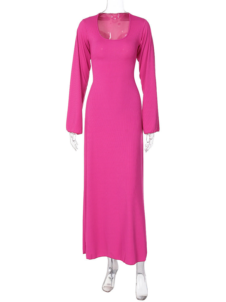 Scoop Neck Long Sleeve Bell Cuff Rib Knit Maxi Dress