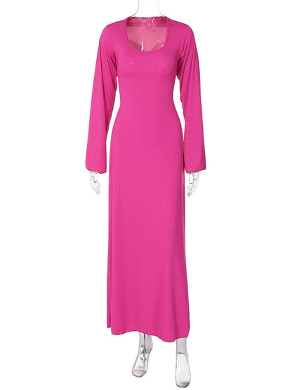 Scoop Neck Long Sleeve Bell Cuff Rib Knit Maxi Dress