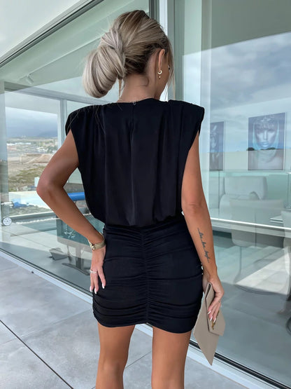 Padded Shoulder Twist Cutout Ruched Mini Dress