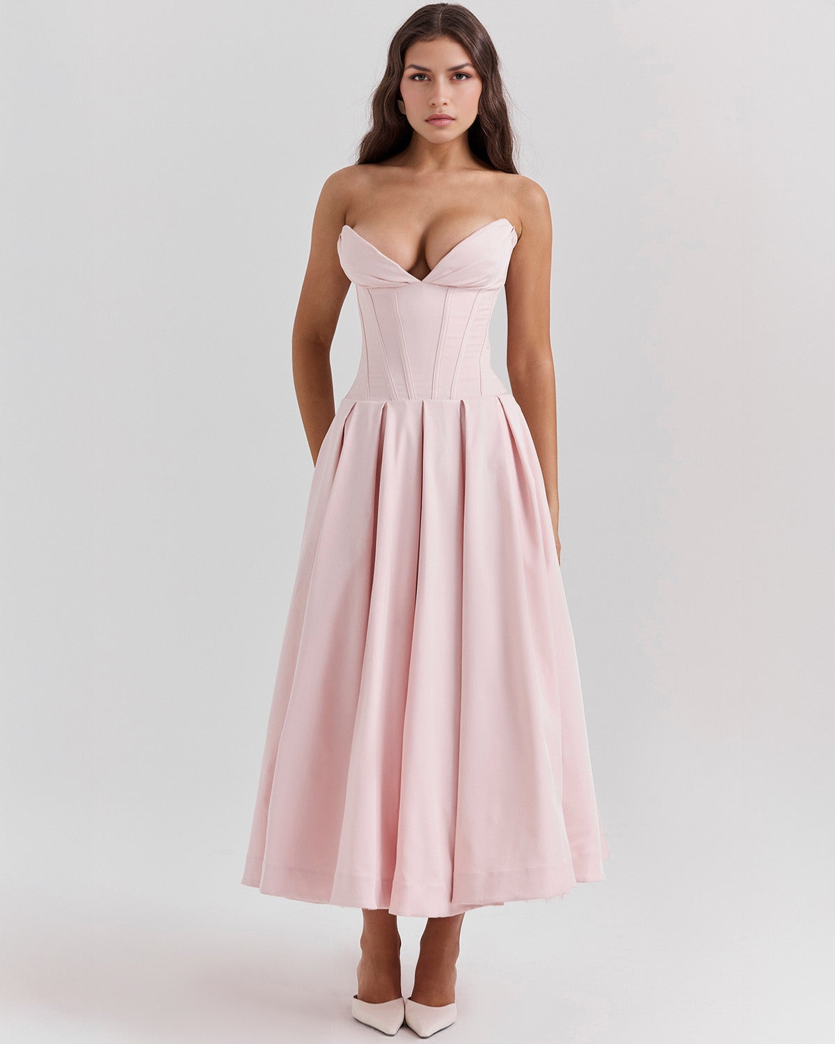Strapless Corset Plunging Sweetheart Neck Pleated Full Skirt Pocket Midi Dress
