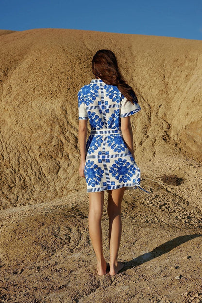 Mandarin Collar Short Sleeve Tie Waist Folk Floral Geometric Print Shirt Mini Dress