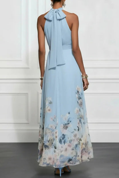Floral Print Halter Neck Sleeveless Elegant Waist-cinching Maxi Dress