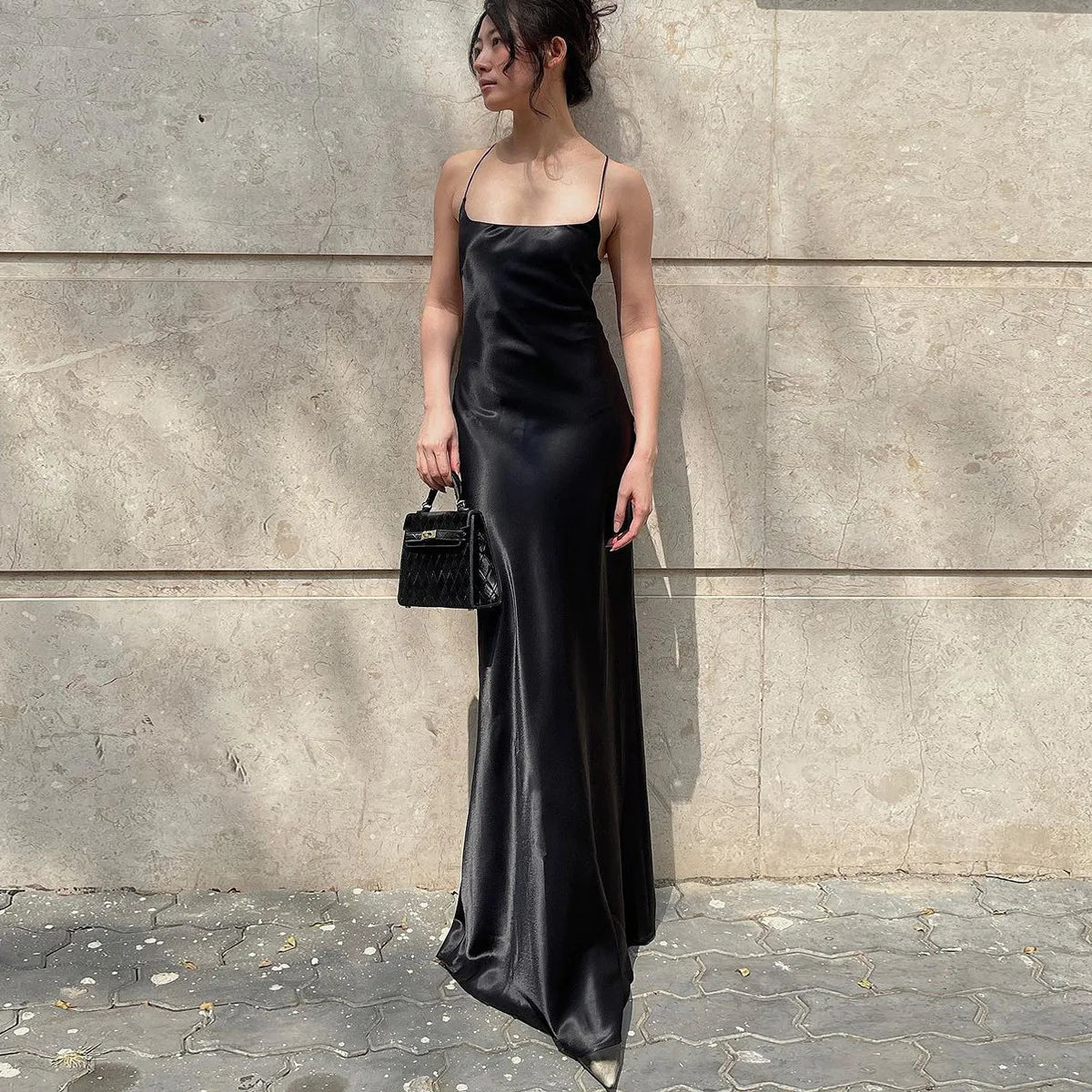 Backless Floral Strap Long Dress Women's Summer Fashion Solid Color Slim Strap One-Neck Evening Dress Elegant Long Dress