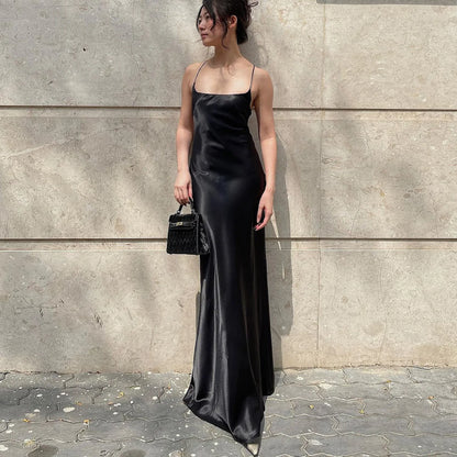 Backless Floral Strap Long Dress Women's Summer Fashion Solid Color Slim Strap One-Neck Evening Dress Elegant Long Dress