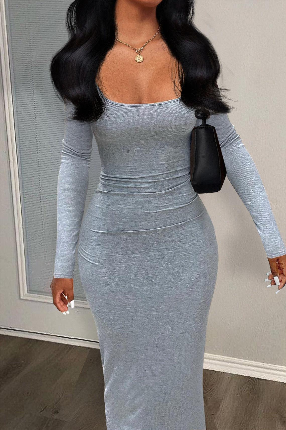 Ribbed Long Sleeve Bodycon Maxi Dress