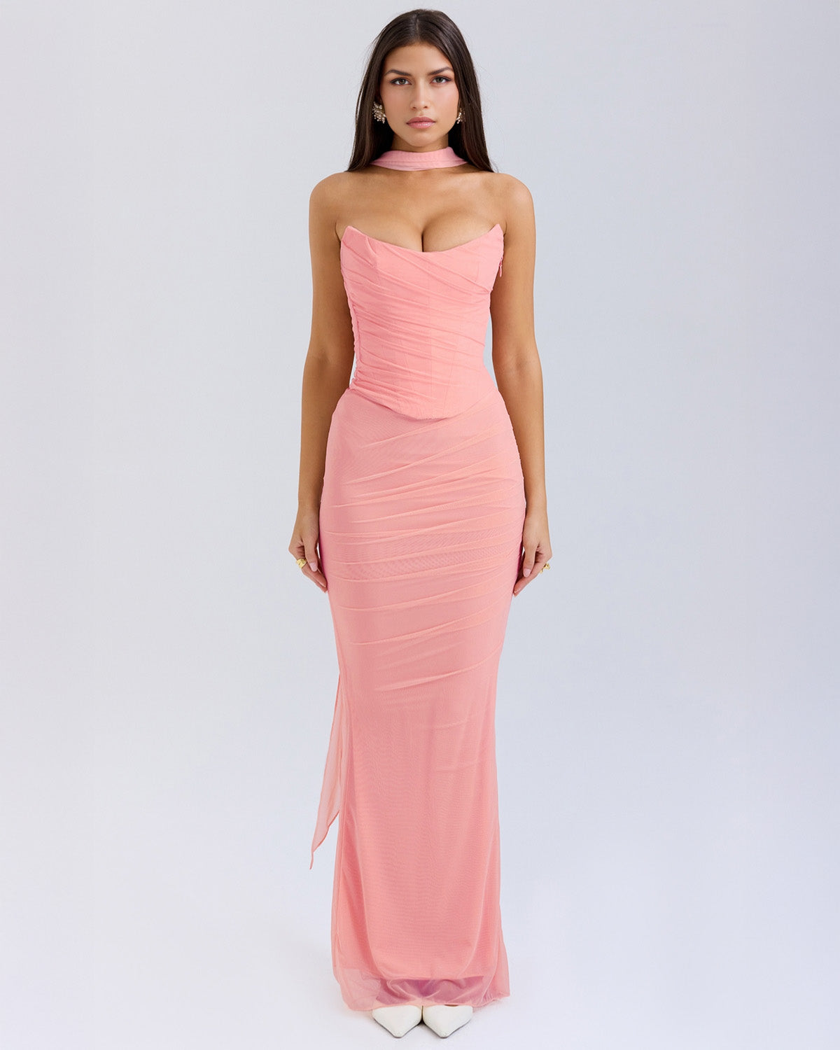 Strapless Corset Sweetheart Ruched Bodice Fabric Choker Bodycon Maxi Dress