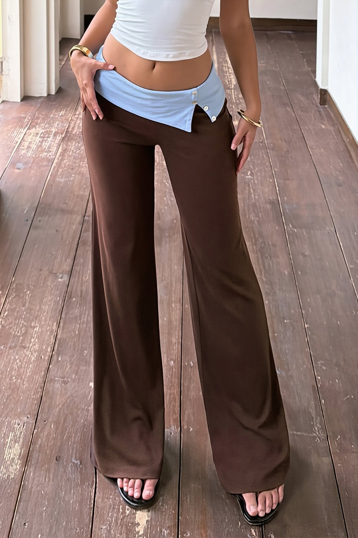 Split Button Fold Waist Knit Pants
