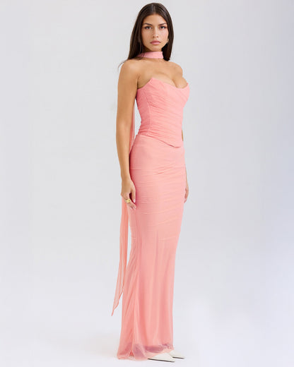 Strapless Corset Sweetheart Ruched Bodice Fabric Choker Bodycon Maxi Dress