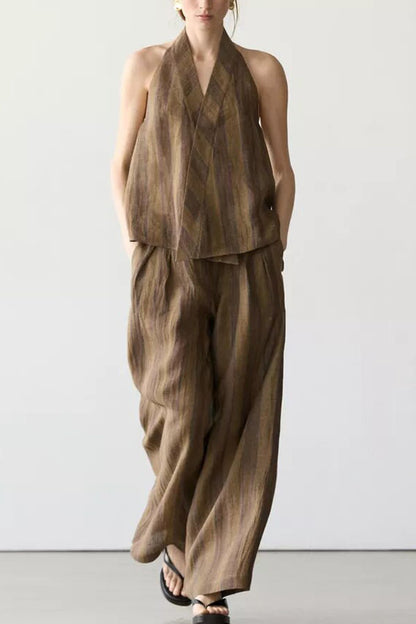 Aloof Style Striped Linen Blend Halter Vest and High Rise Button Pocket Wide Leg Pants Set