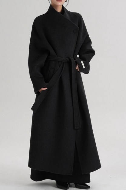 Hepburn Wool Diagonal Button Collar Tied Waist Overcoat