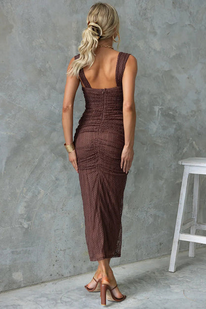 Mesh Panel Twist Front Sweetheart Cut Out Ruched Maxi Dress