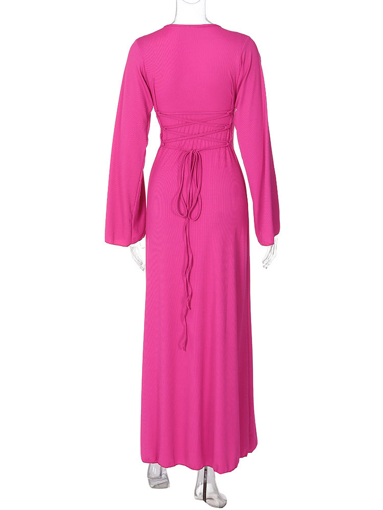 Scoop Neck Long Sleeve Bell Cuff Rib Knit Maxi Dress