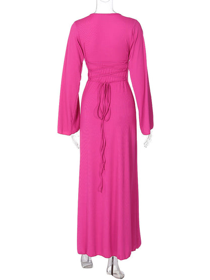 Scoop Neck Long Sleeve Bell Cuff Rib Knit Maxi Dress