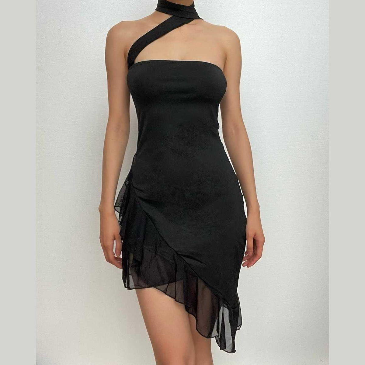 Choker Neck Asymmetric Cutout Sheer Ruffle Hem Bodycon Mini Dress