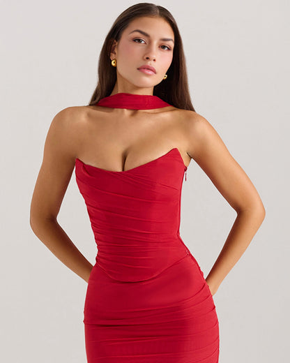 Strapless Corset Sweetheart Ruched Bodice Fabric Choker Bodycon Maxi Dress
