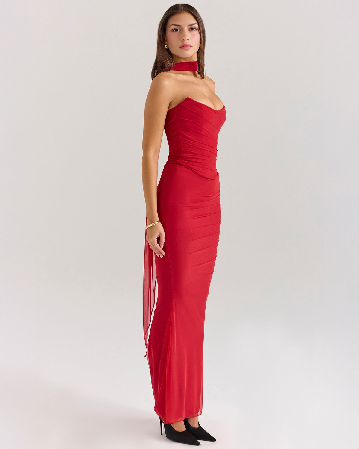 Strapless Corset Sweetheart Ruched Bodice Fabric Choker Bodycon Maxi Dress