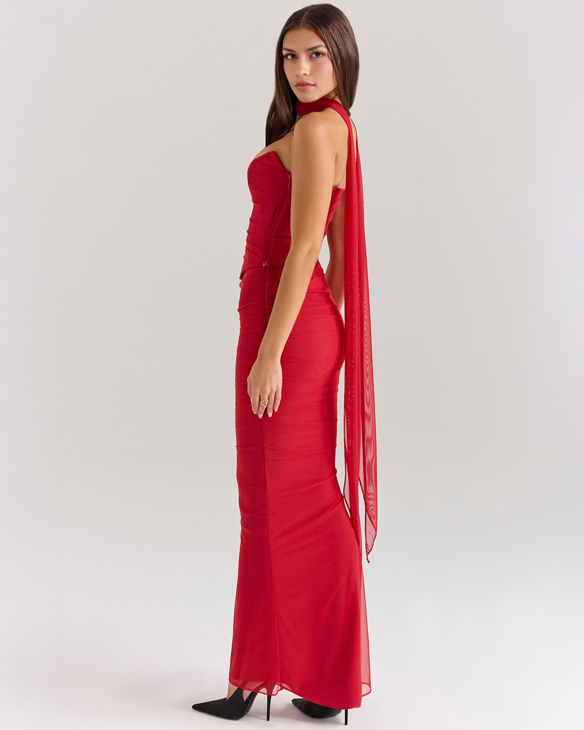 Strapless Corset Sweetheart Ruched Bodice Fabric Choker Bodycon Maxi Dress